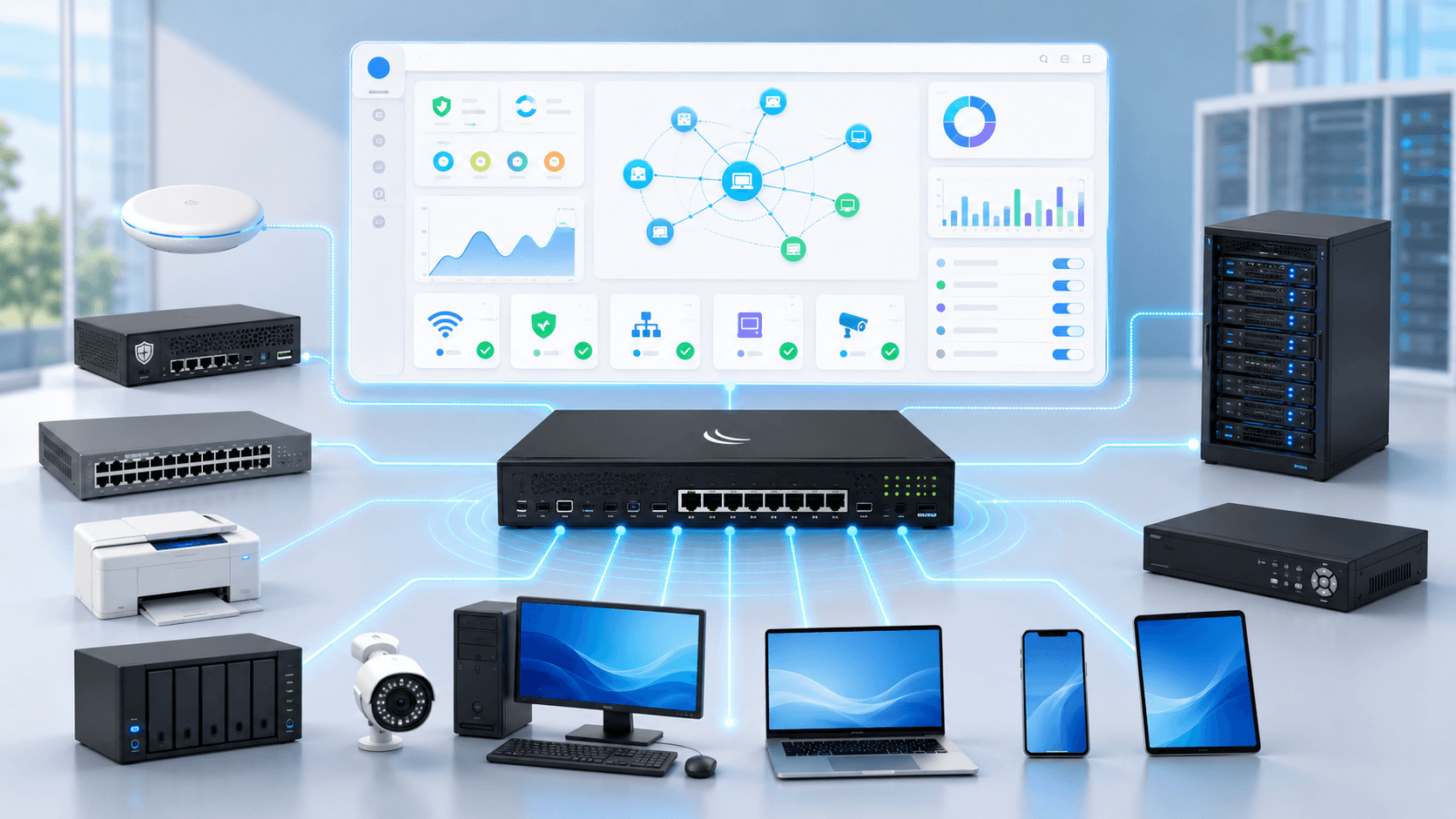 Switches, access points, servers, cameras, and other network devices seen from one HCX NetView panel