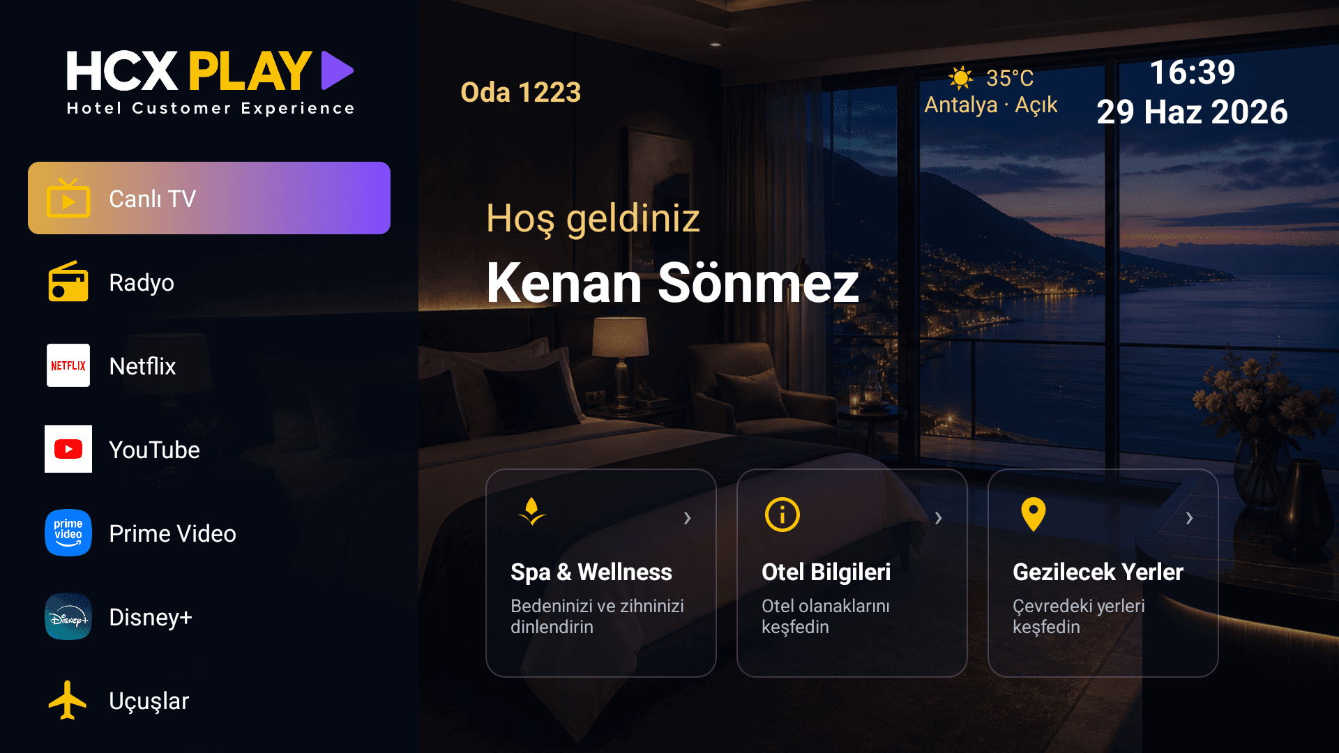 HCX PLAY in-room TV interface — personalized welcome screen