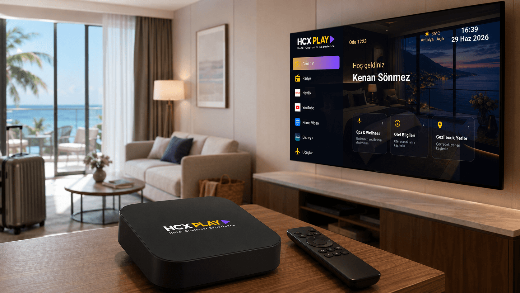 HCX PLAY TV Box, remote, and personalized welcome screen on the room TV in a hotel room