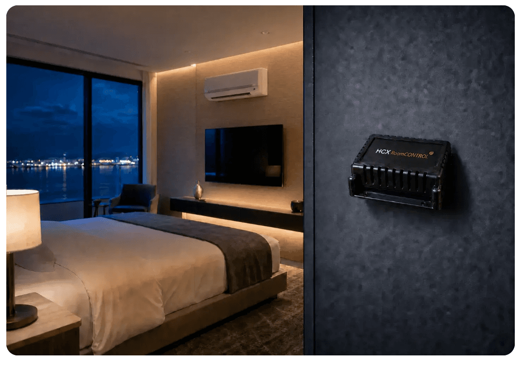 HCX RoomController USB module and hotel room climate-control visual