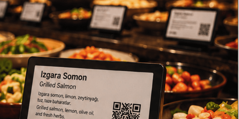 Açık büfe üzerinde QR kodlu yemek isimliği