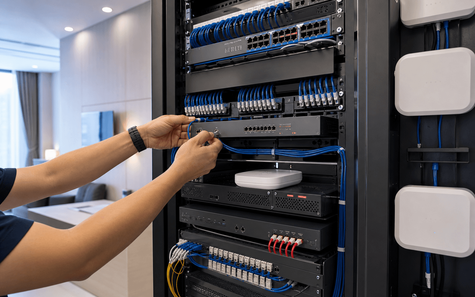 Network rack, switch, router, firewall ve access point kurulumu