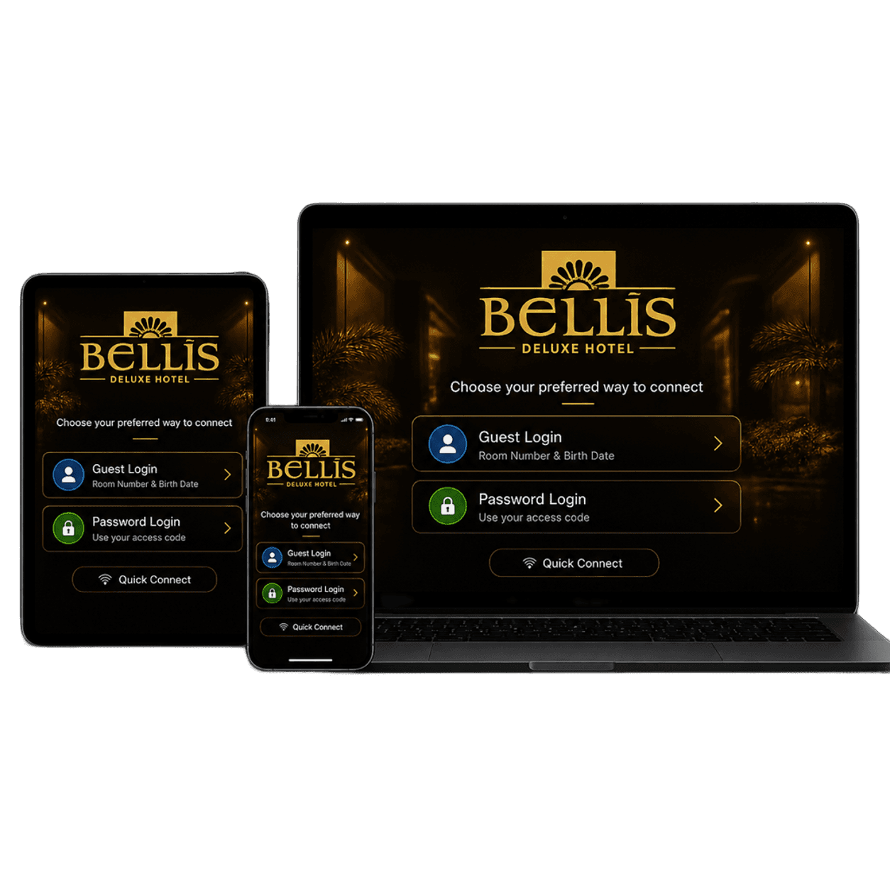 Laptop, tablet ve telefonda HCX HotSpot misafir Wi-Fi giriş sayfası tasarımı